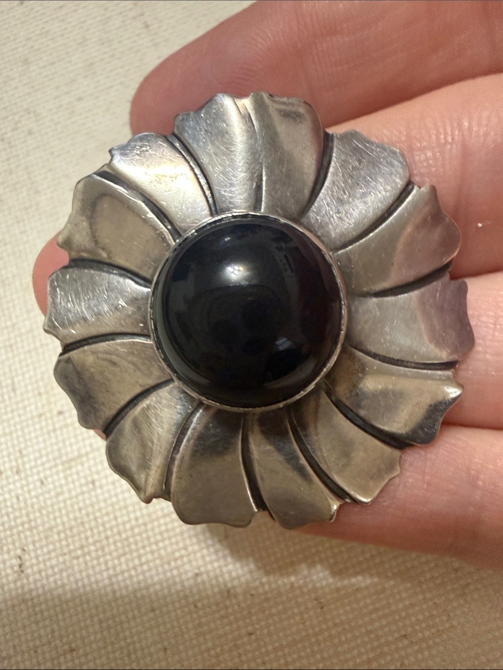 Vintage Sterling Silver Flower Brooch/Pendant with Black Onyx